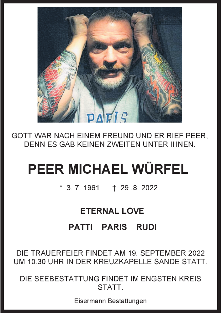  Traueranzeige für Peer Michael Würfel vom 10.09.2022 aus Wilhelmshavener Zeitung