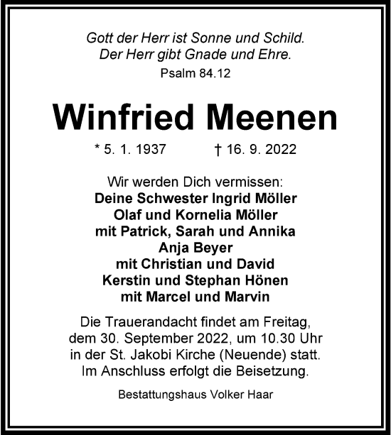 Traueranzeige von Winfried Meenen von Wilhelmshavener Zeitung
