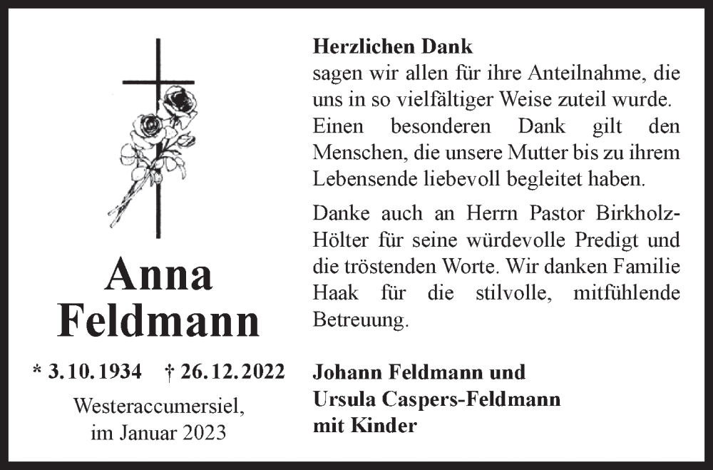  Traueranzeige für Anna Feldmann vom 23.01.2023 aus Anzeiger für Harlingerland