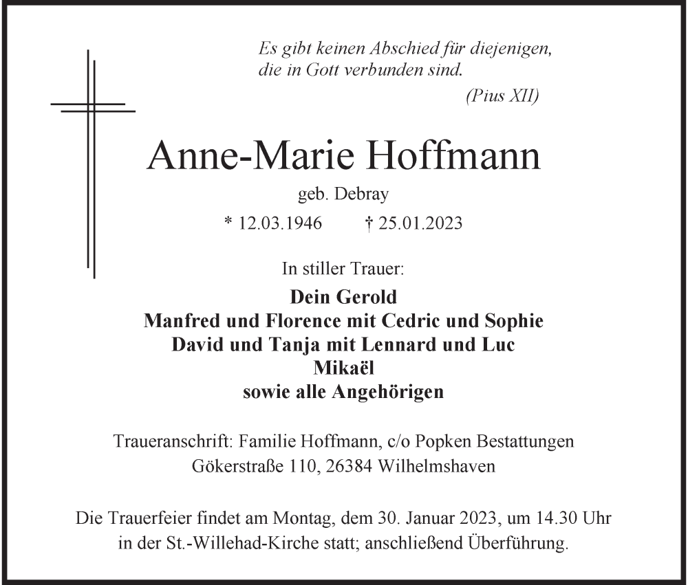  Traueranzeige für Anne-Marie Hoffmann vom 28.01.2023 aus Wilhelmshavener Zeitung