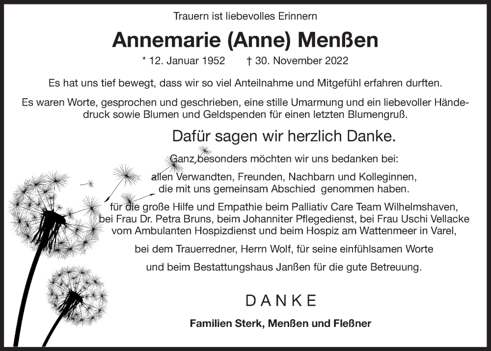  Traueranzeige für Annemarie Menßen vom 14.01.2023 aus Wilhelmshavener Zeitung