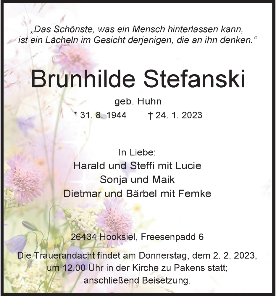  Traueranzeige für Brunhilde Stefanski vom 28.01.2023 aus Wilhelmshavener Zeitung