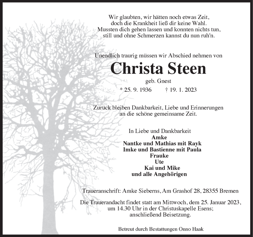  Traueranzeige für Christa Steen vom 23.01.2023 aus Anzeiger für Harlingerland