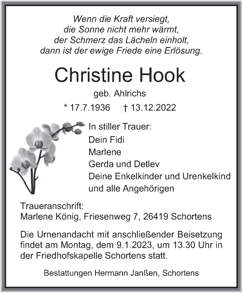  Traueranzeige für Christine Hook vom 02.01.2023 aus Anzeiger für Harlingerland