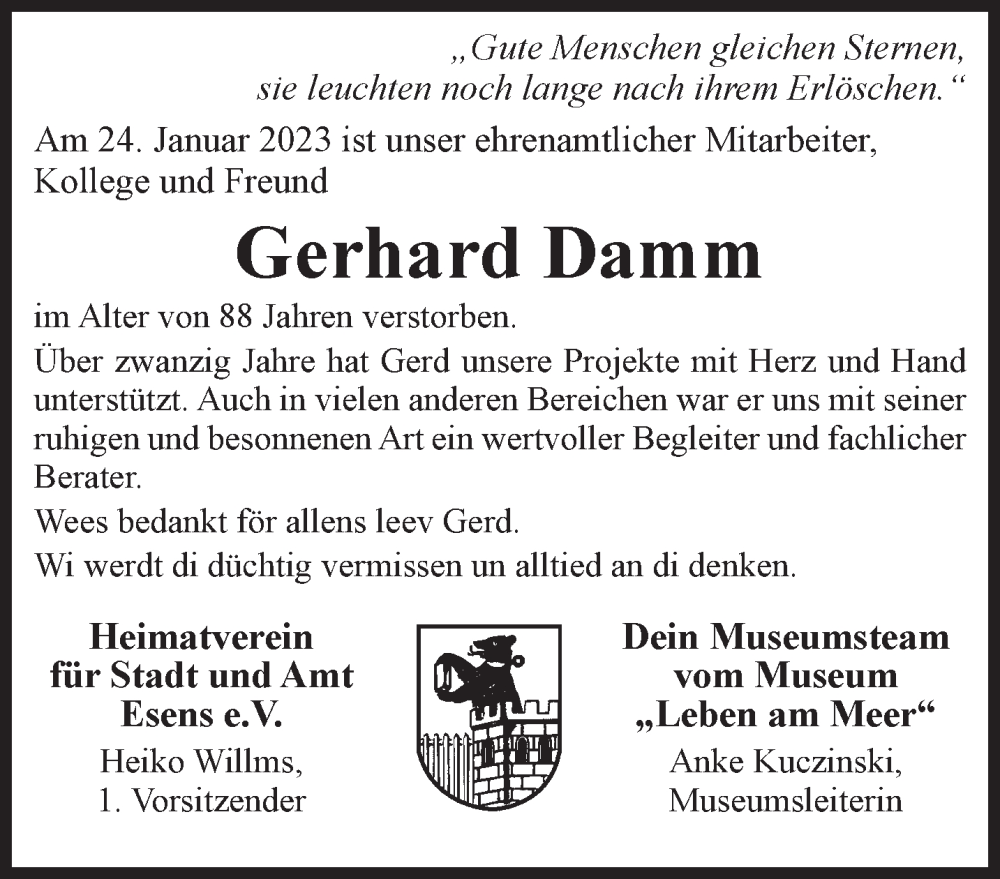  Traueranzeige für Gerhard Damm vom 27.01.2023 aus Anzeiger für Harlingerland