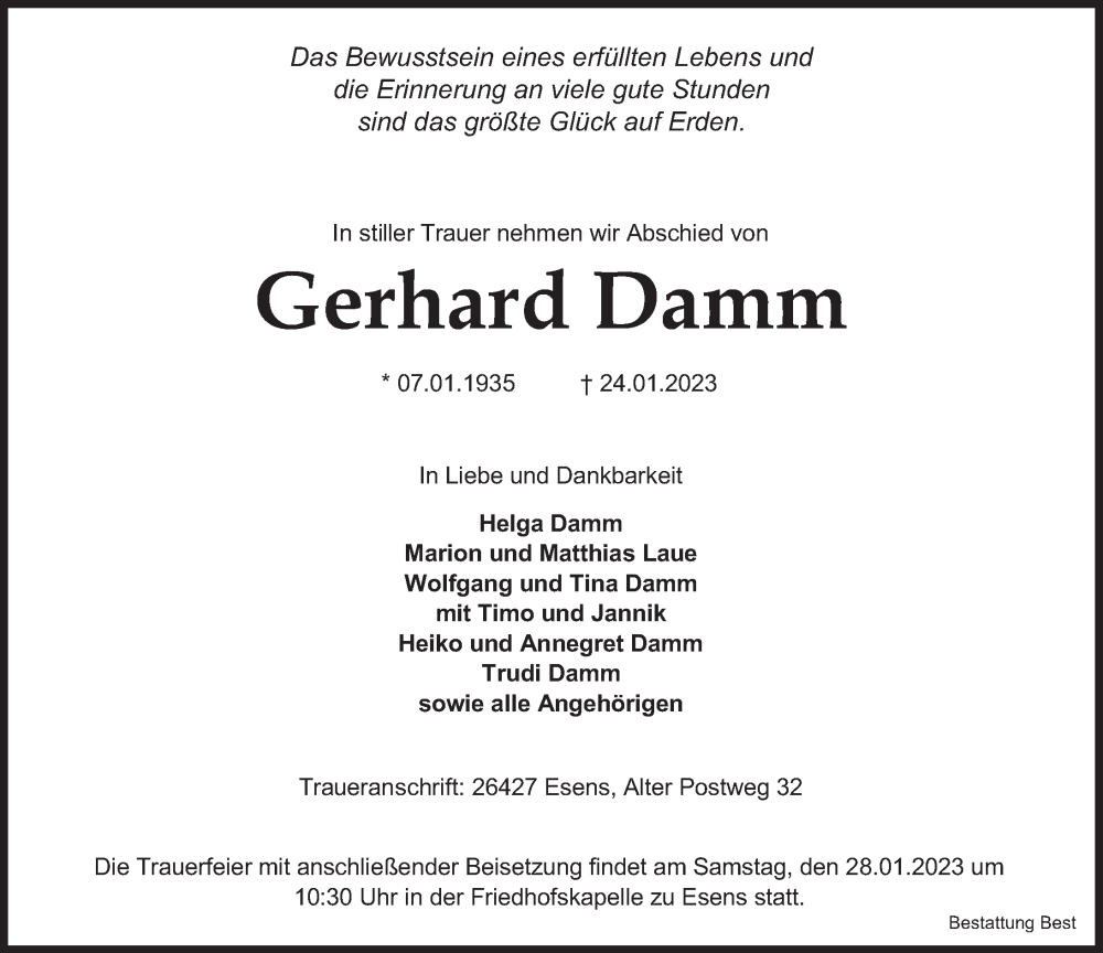  Traueranzeige für Gerhard Damm vom 26.01.2023 aus Anzeiger für Harlingerland