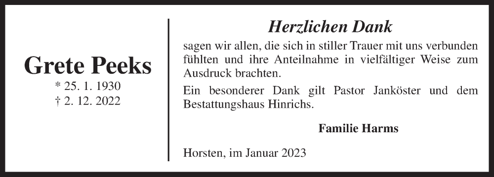 Traueranzeige für Grete Perks vom 21.01.2023 aus Anzeiger für Harlingerland