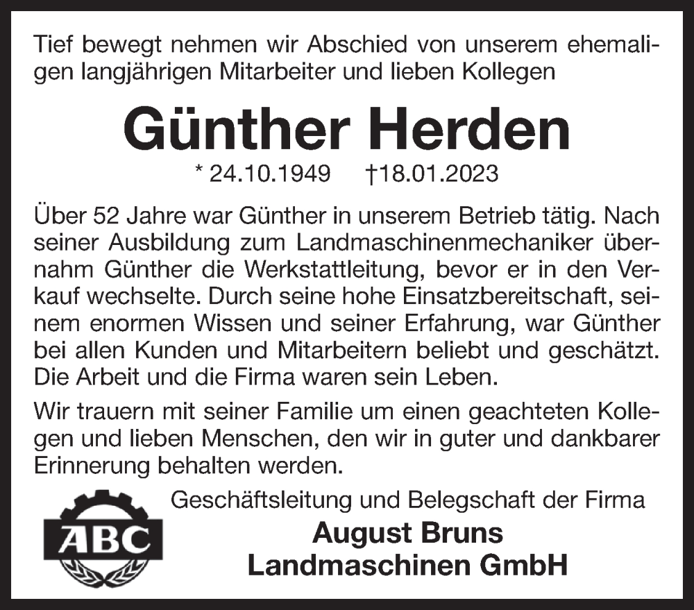  Traueranzeige für Günther Herden vom 20.01.2023 aus Anzeiger für Harlingerland