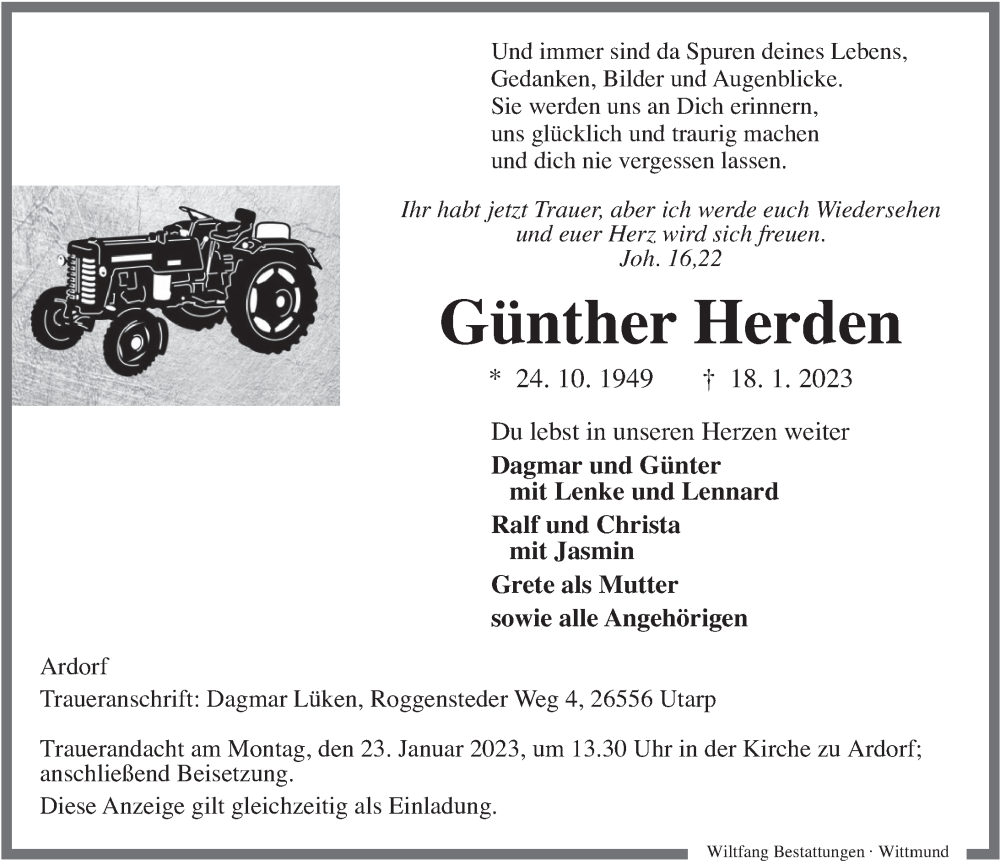  Traueranzeige für Günther Herden vom 19.01.2023 aus Anzeiger für Harlingerland
