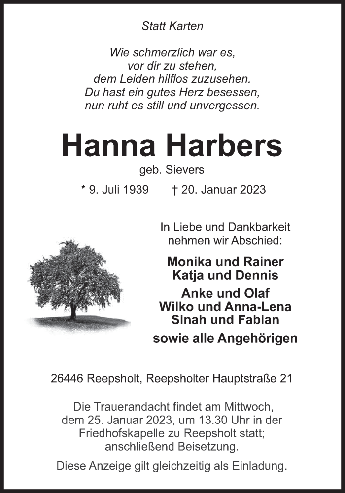  Traueranzeige für Hanna Harbers vom 23.01.2023 aus Anzeiger für Harlingerland