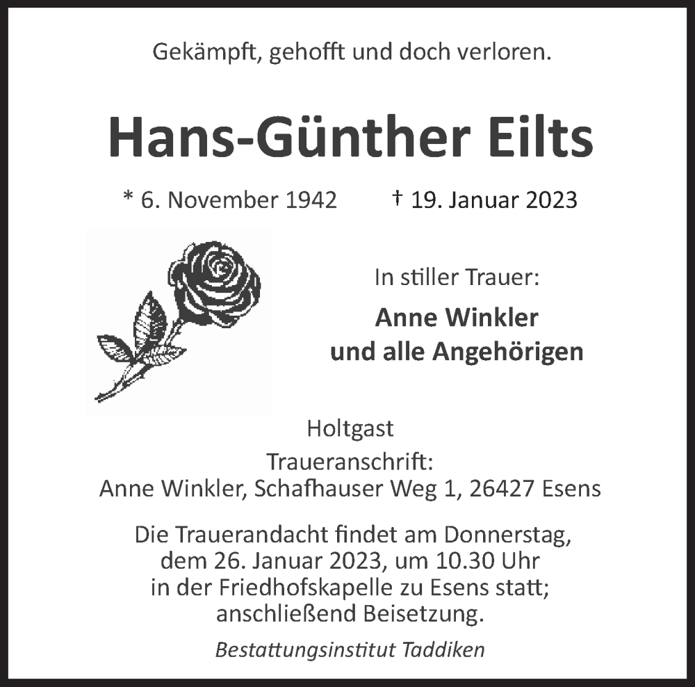  Traueranzeige für Hans-Günther Eilts vom 23.01.2023 aus Anzeiger für Harlingerland