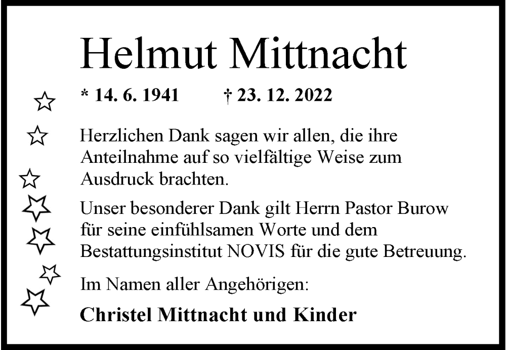  Traueranzeige für Helmut Mittnacht vom 28.01.2023 aus Wilhelmshavener Zeitung