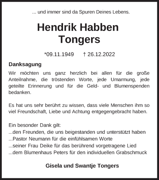 Traueranzeige von Hendrik Tongers  von Anzeiger für Harlingerland