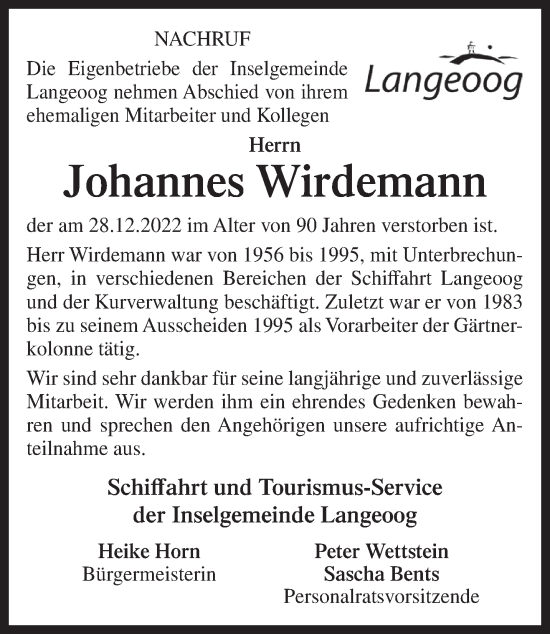 Traueranzeige von Johannes Wirdemann von Anzeiger für Harlingerland