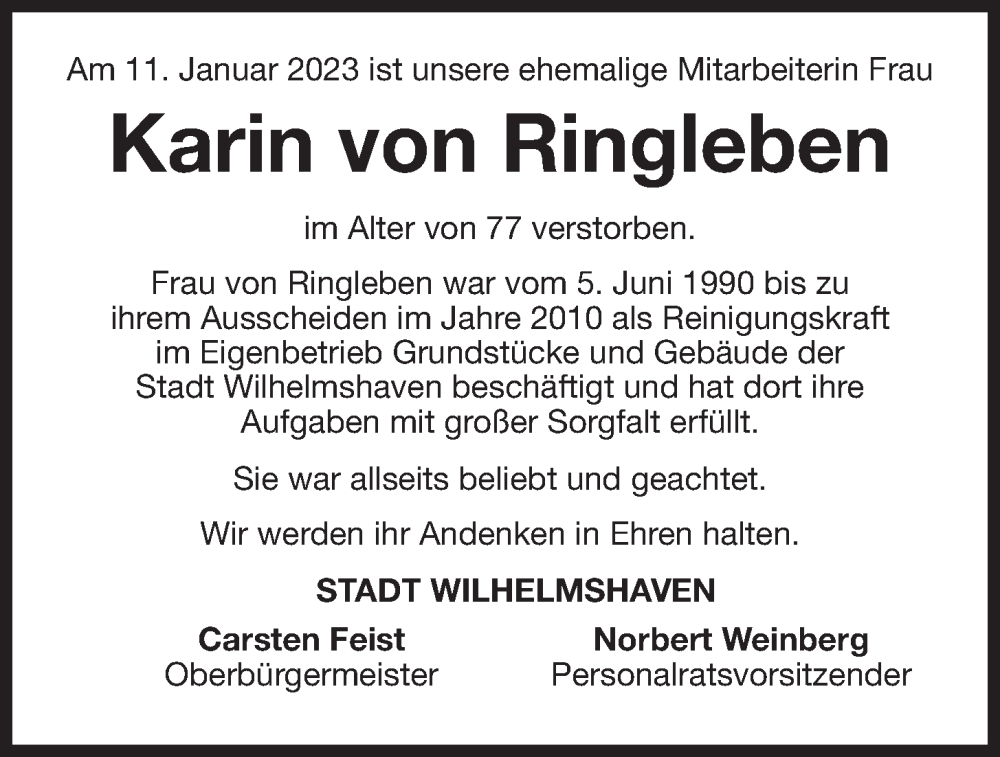  Traueranzeige für Karin von Ringleben vom 28.01.2023 aus Wilhelmshavener Zeitung