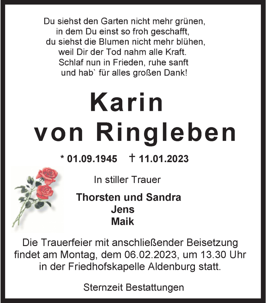  Traueranzeige für Karin von Ringleben vom 21.01.2023 aus Wilhelmshavener Zeitung