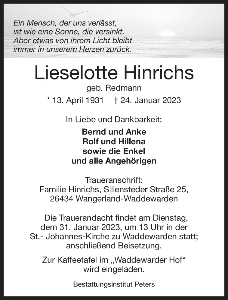  Traueranzeige für Lieselotte Hinrichs vom 28.01.2023 aus Anzeiger für Harlingerland