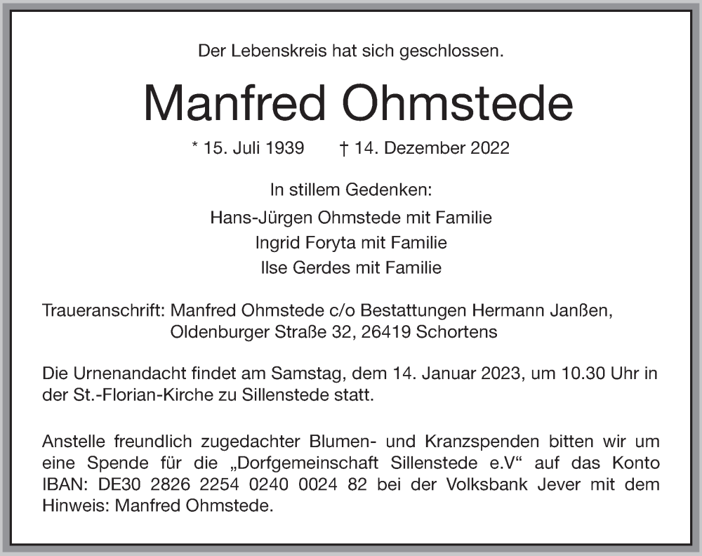  Traueranzeige für Manfred Ohmstede vom 07.01.2023 aus Anzeiger für Harlingerland