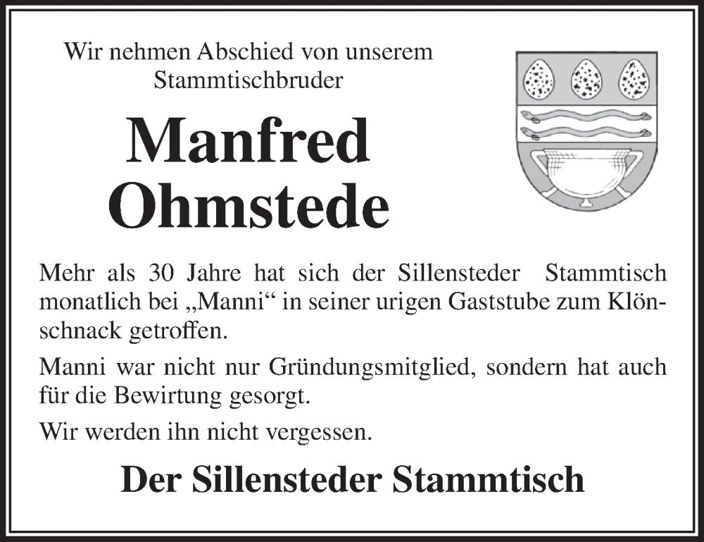  Traueranzeige für Manfred Ohmstede vom 07.01.2023 aus Anzeiger für Harlingerland