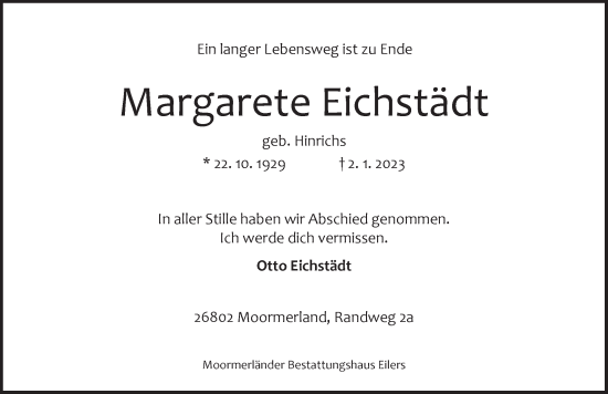 Traueranzeige von Margarete Eichstädt von Anzeiger für Harlingerland