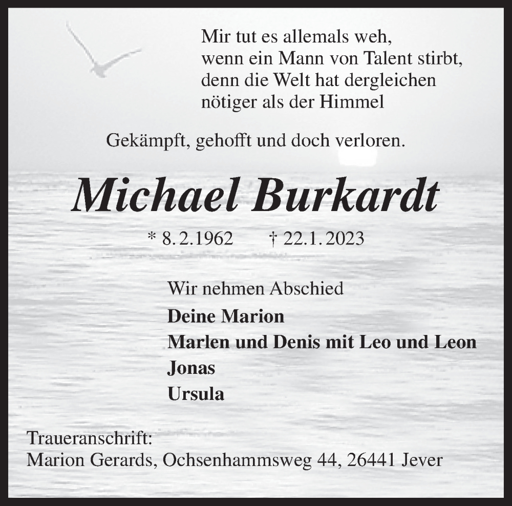  Traueranzeige für Michael Burkardt vom 28.01.2023 aus Anzeiger für Harlingerland