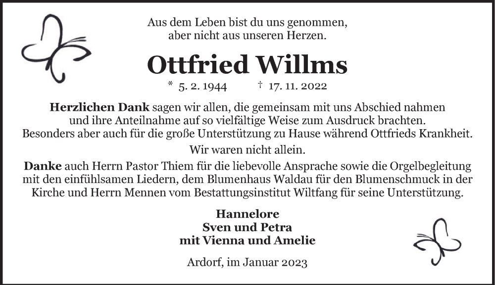  Traueranzeige für Ottfried Willms vom 07.01.2023 aus Anzeiger für Harlingerland