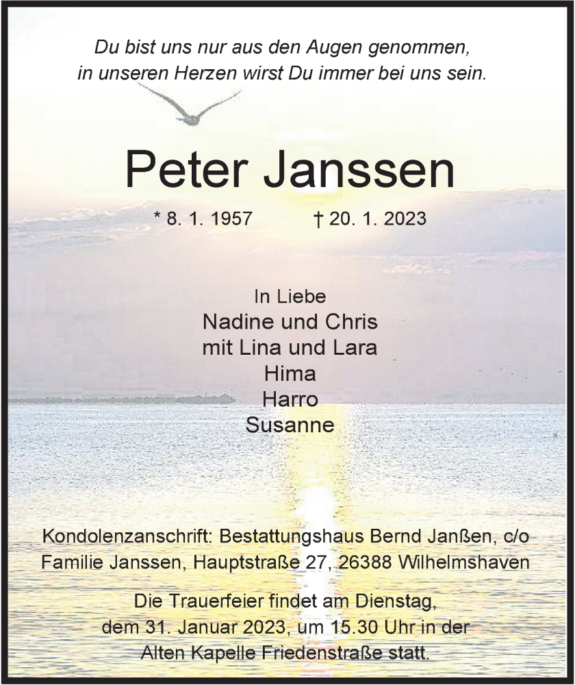  Traueranzeige für Peter Janssen vom 28.01.2023 aus Wilhelmshavener Zeitung