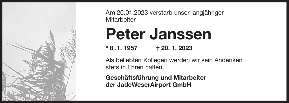  Traueranzeige für Peter Janssen vom 28.01.2023 aus Wilhelmshavener Zeitung