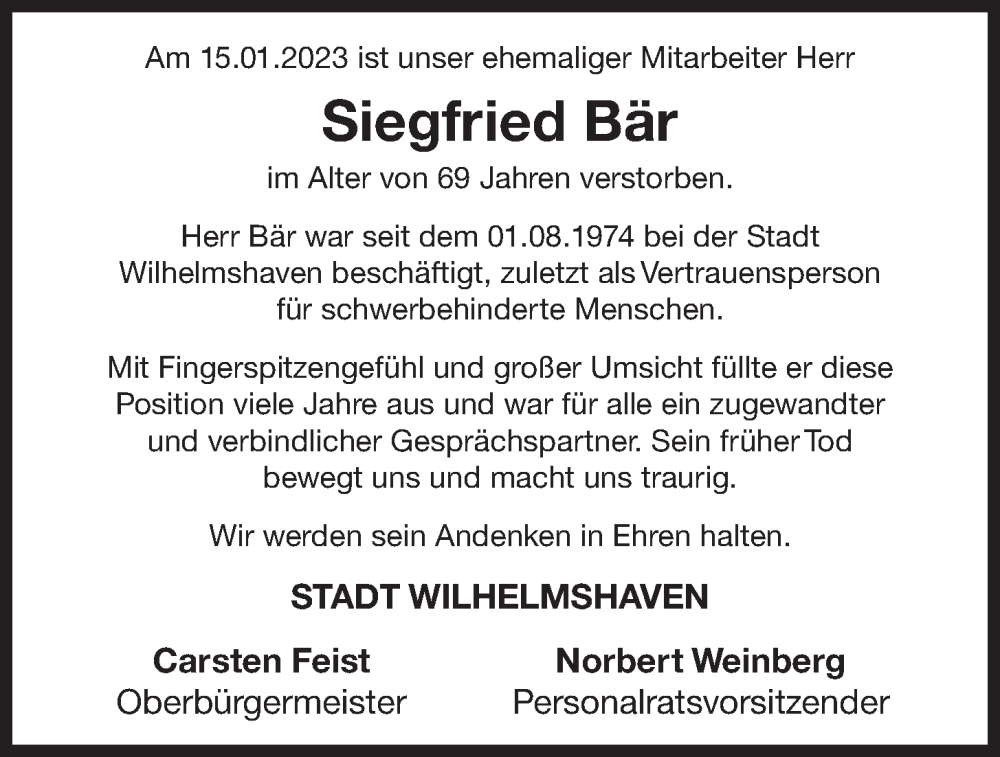  Traueranzeige für Siegfried Bär vom 28.01.2023 aus Wilhelmshavener Zeitung