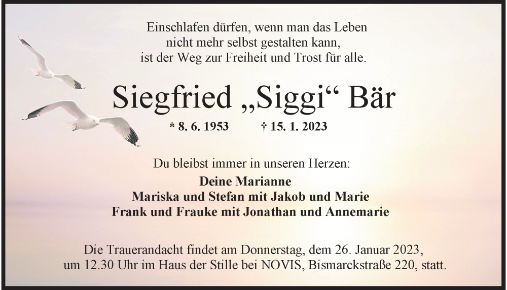  Traueranzeige für Siegfried Bär vom 21.01.2023 aus Wilhelmshavener Zeitung