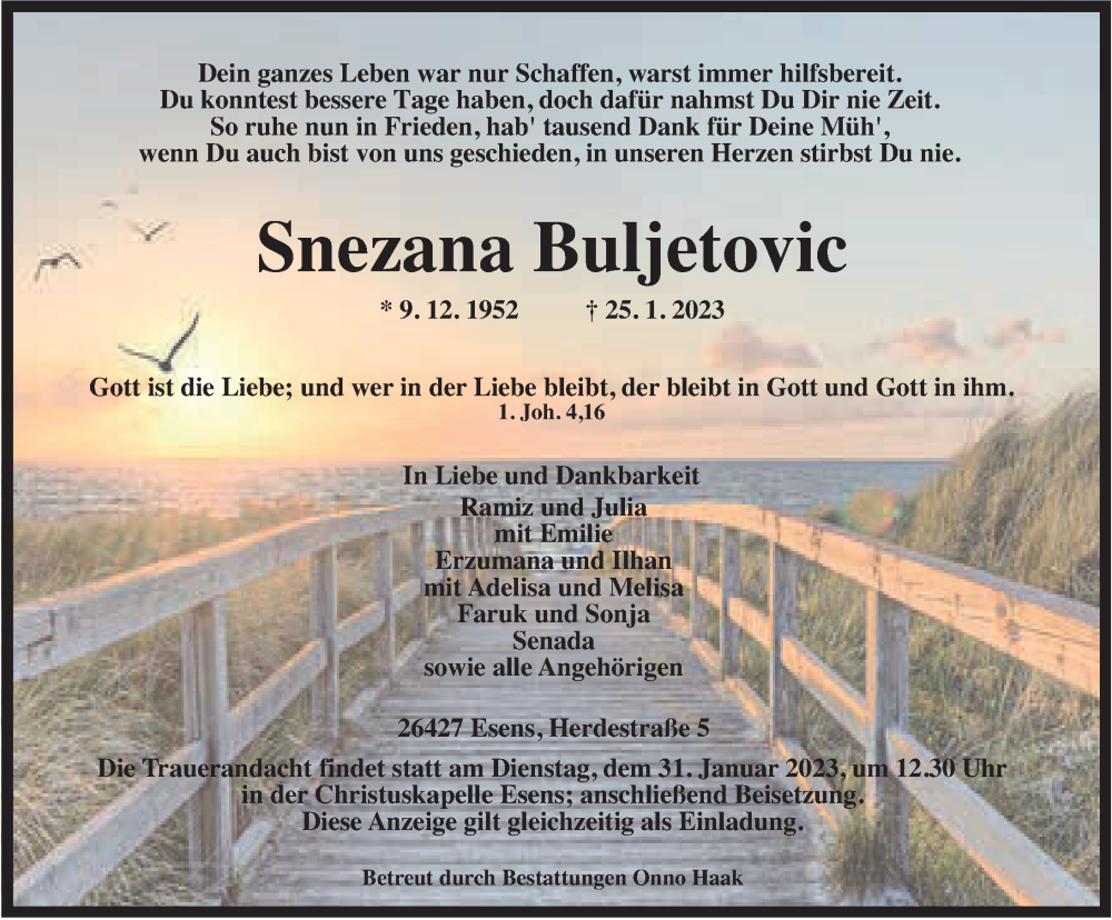  Traueranzeige für Snezena Buljetovic vom 28.01.2023 aus Anzeiger für Harlingerland