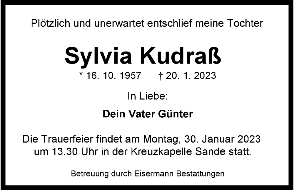  Traueranzeige für Sylvia Kudraß vom 28.01.2023 aus Wilhelmshavener Zeitung