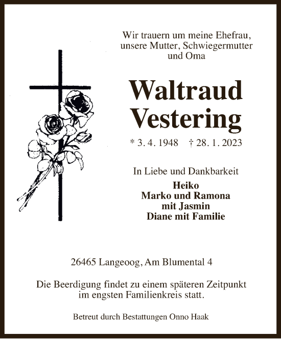 Traueranzeige von Waltraud Vestering von Anzeiger für Harlingerland