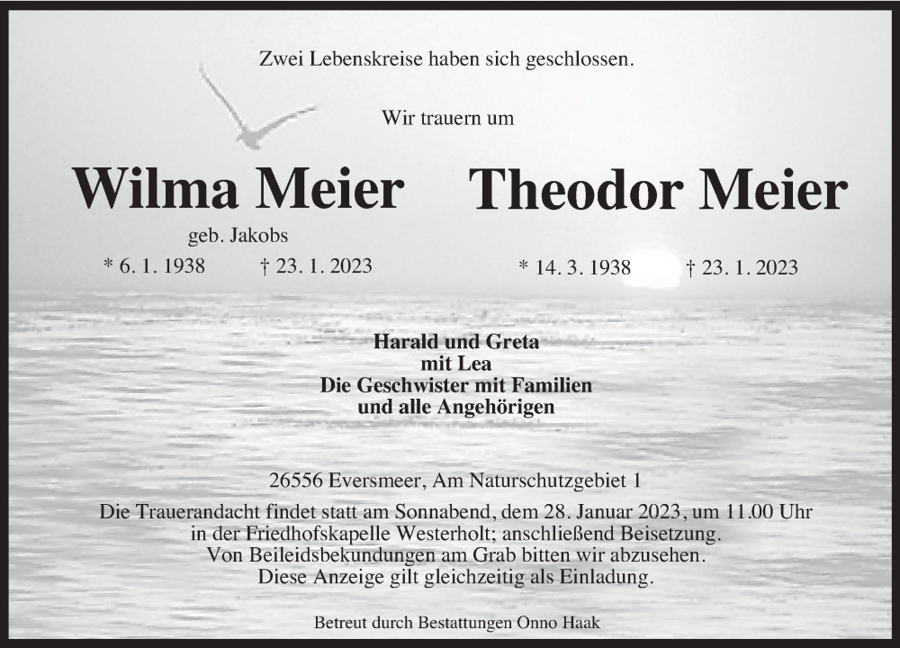  Traueranzeige für Wilma Meier vom 26.01.2023 aus Anzeiger für Harlingerland