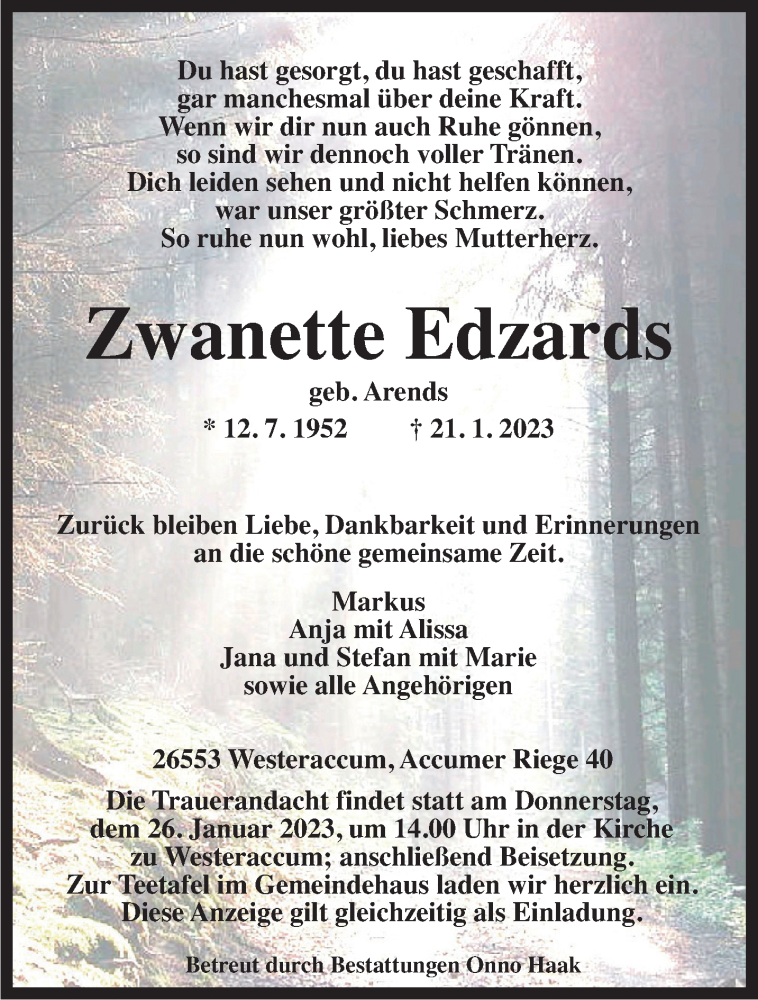  Traueranzeige für Zwanette Edzards vom 24.01.2023 aus Anzeiger für Harlingerland