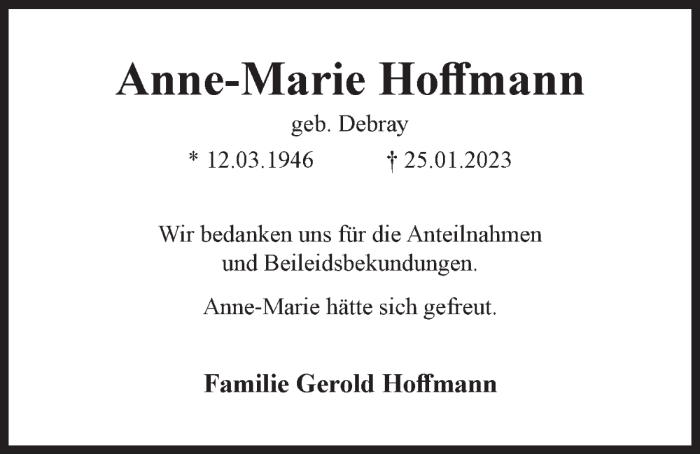  Traueranzeige für Anne-Marie Hoffmann vom 25.02.2023 aus Wilhelmshavener Zeitung