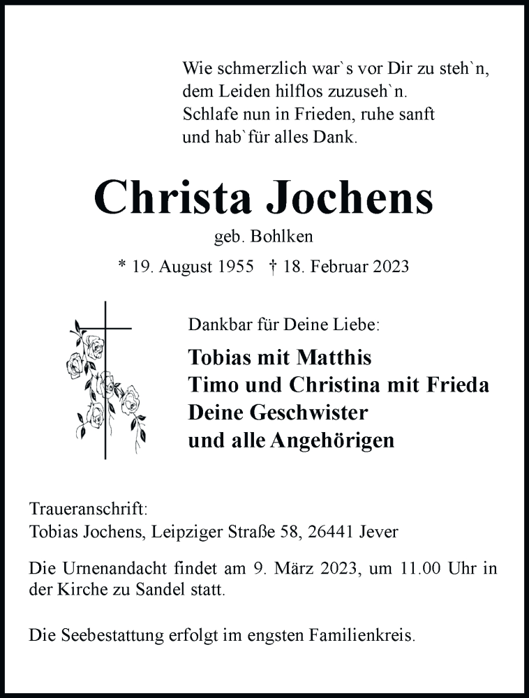  Traueranzeige für Christa Jochens vom 22.02.2023 aus Anzeiger für Harlingerland