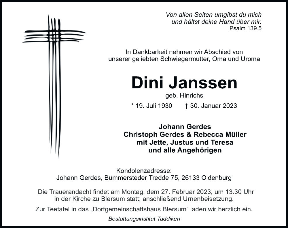  Traueranzeige für Dini Janssen vom 04.02.2023 aus Anzeiger für Harlingerland