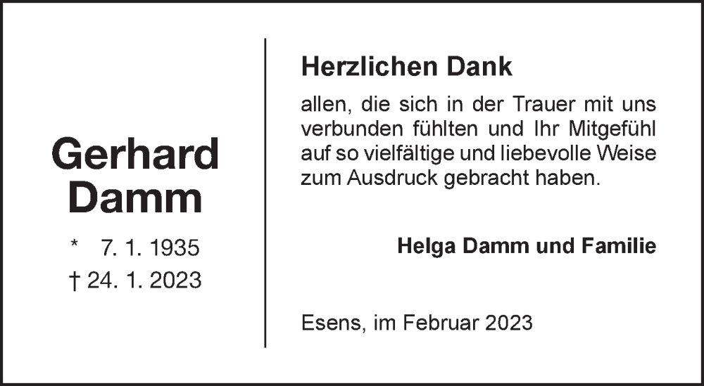  Traueranzeige für Gerhard Damm vom 25.02.2023 aus Anzeiger für Harlingerland