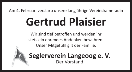 Traueranzeige von Gertrud Plaisier von Anzeiger für Harlingerland