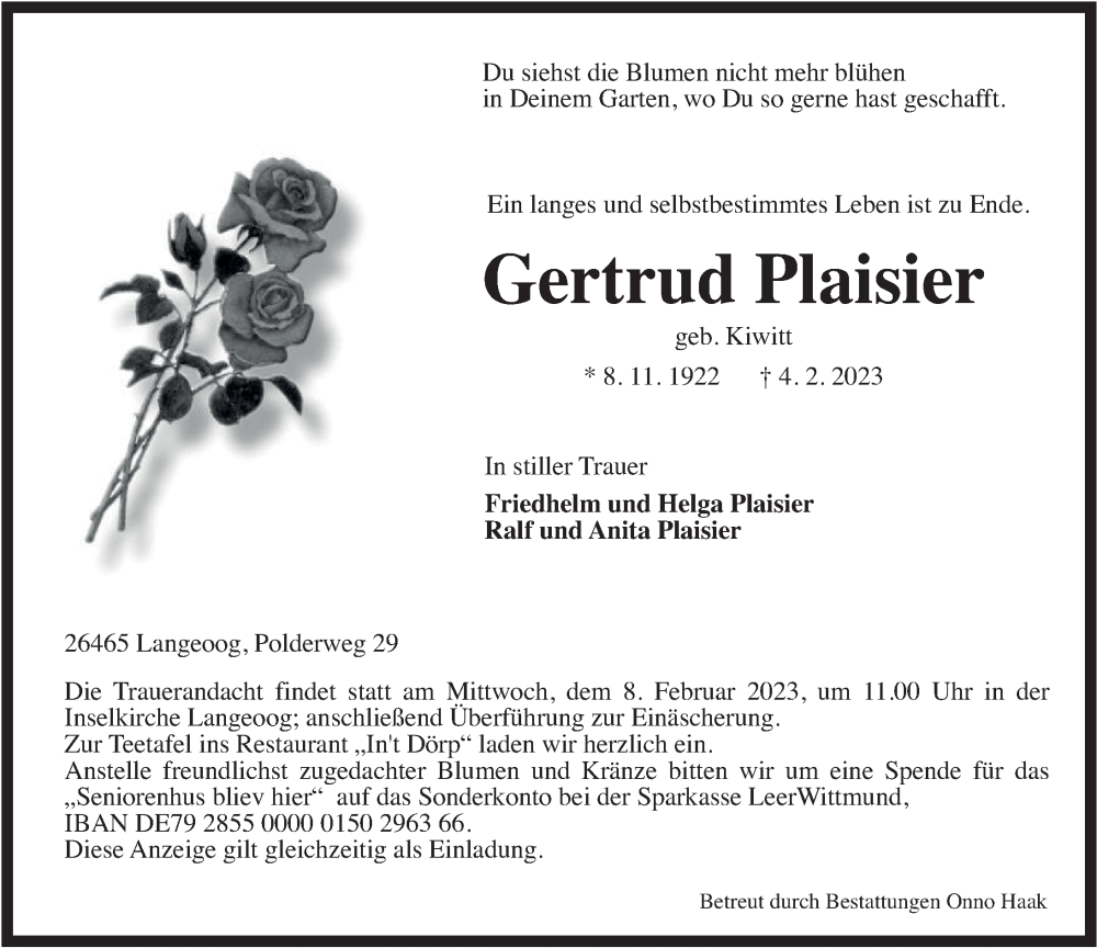  Traueranzeige für Gertrud Plaisier vom 06.02.2023 aus Anzeiger für Harlingerland