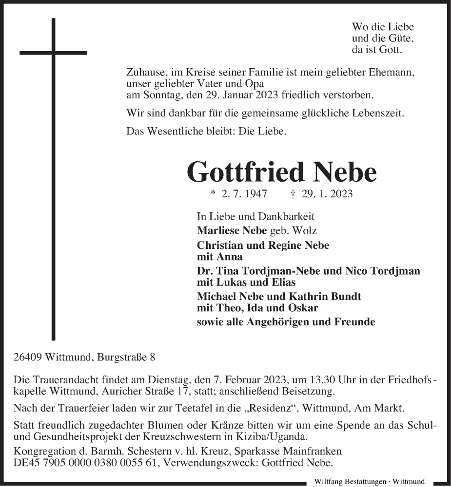  Traueranzeige für Gottfried Nebe vom 01.02.2023 aus Anzeiger für Harlingerland