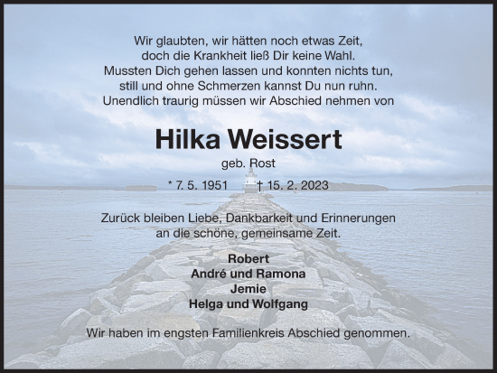Traueranzeige von Hilka Weissert von Wilhelmshavener Zeitung