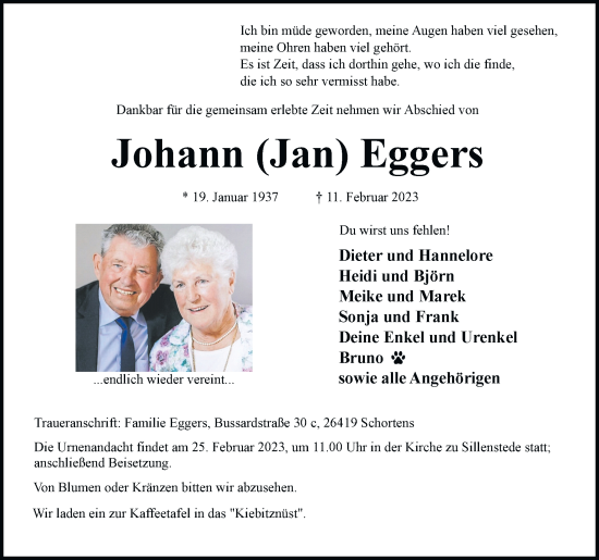 Traueranzeige von Johann Eggers von Anzeiger für Harlingerland