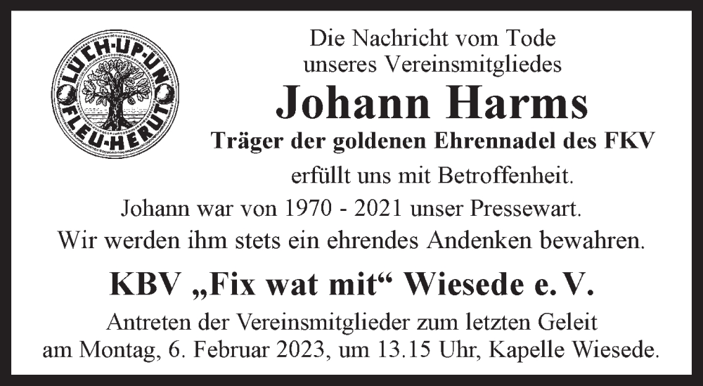  Traueranzeige für Johann Harms vom 03.02.2023 aus Anzeiger für Harlingerland