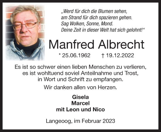 Traueranzeige von Manfred Albrecht von Anzeiger für Harlingerland