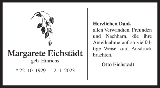 Traueranzeige von Margarete Eichstädt von Anzeiger für Harlingerland
