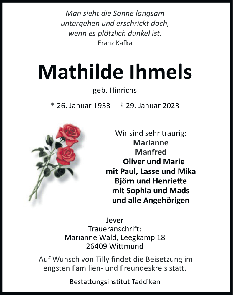  Traueranzeige für Mathilde Ihmels vom 04.02.2023 aus Anzeiger für Harlingerland
