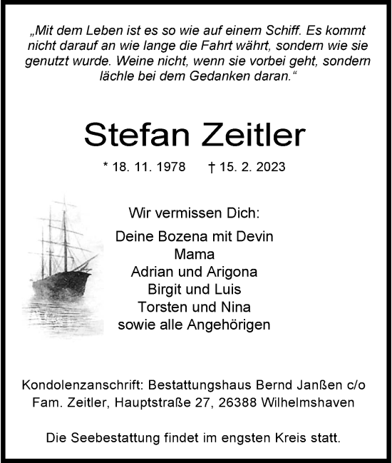 Traueranzeige von Stefan Zeitler von Wilhelmshavener Zeitung