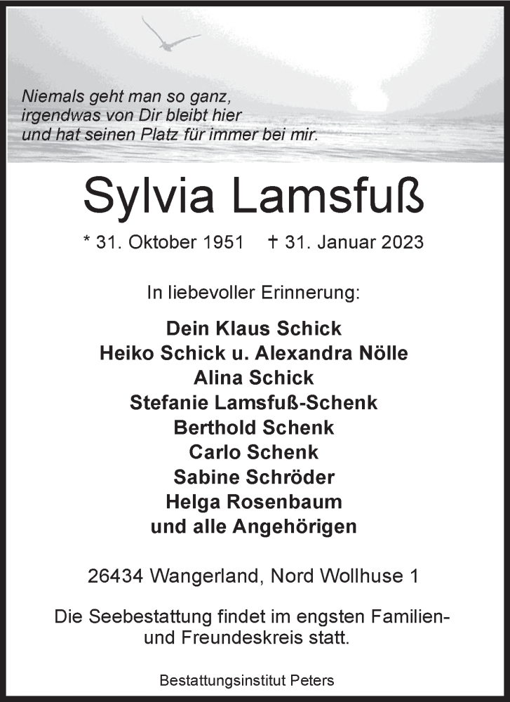  Traueranzeige für Sylvia Lamsfuß vom 04.02.2023 aus Anzeiger für Harlingerland
